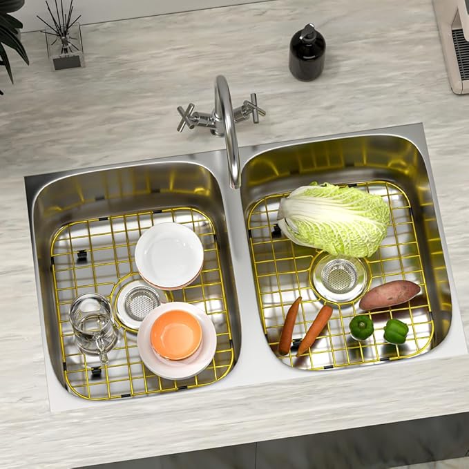 Kitchen Sink Grid Gold Sink Protector Stainless Steel Sink Grid with Center Drain 13.7L X 11.6W Sink Bottom Grid for Sink Bowl