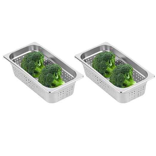 Hotel Pans 2-Pack 1/3 Size Stainless Steel Perforated Steam Table Pan 4 Deep Food Grade Anti-Jam Commercial Buffet Pan for Kitchen Drain &amp Steam Vegetables Dishwasher &amp Oven Safe