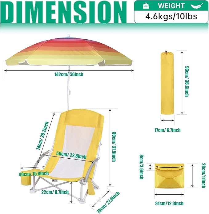 Beach Chair Beach Folding Chair for Adults Camping Chair High Back with Umbrella and Cooler Bag Huge Shade Portable &amp Lightweight for Beach Outdoor Camping (1 Fresh Banana Yellow)