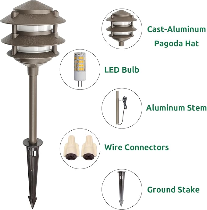 Lumina Lighting® Low Voltage Landscape Lighting Cast-Aluminum Pagoda Path and Area Light Warm White 4W G4 LED Bulb and ABS Ground Stake Included for Yard Walkway Lawn PAL0103-BZLED4 (Bronze 4-Pack)
