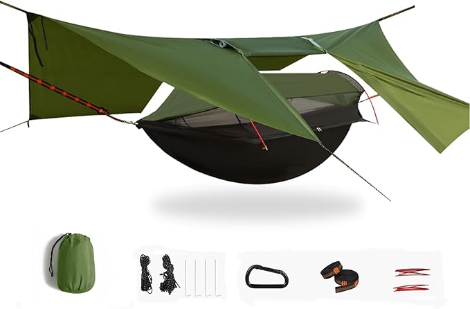 3-in-1 Camping Hammock Tent with Rain Fly Quick-Zip Door &amp Curved Poles – Lightweight Shelter with Mosquito Net