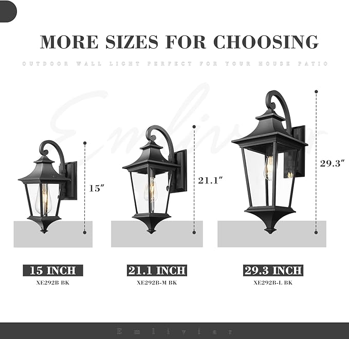 Emliviar Outdoor Porch Light 21.1 Inch Modern Outdoor Wall Light for House Porch Clear Glass in Black Finish XE292B-M BK