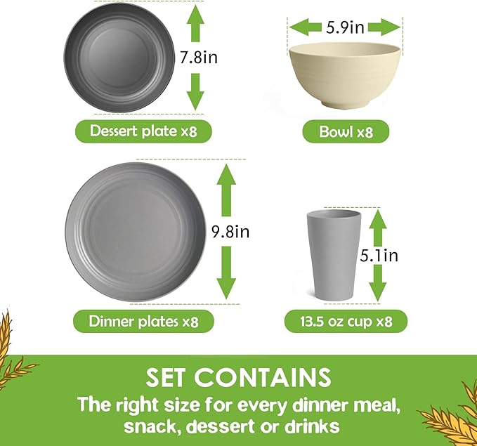 Teivio 32-Piece Kitchen Plastic Wheat Straw Dinnerware Set Service for 8 Dinner Plates Dessert Plate Cereal Bowls Cups Unbreakable Colorful Plastic Outdoor Camping Dishes Gray Stone