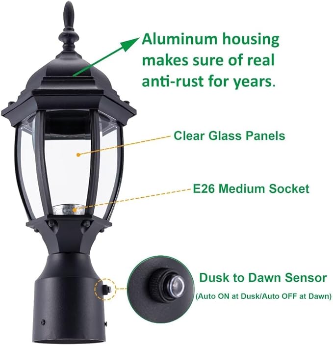 LIT-PaTH Dusk to Dawn Outdoor Post Lighting Fixture Pole Lantern E26 Medium Base Max 60W Aluminum Housing Plus Glass Bulb Not Included (Black 2-Pack)