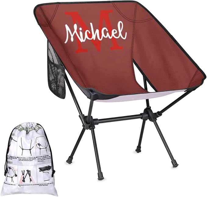 Custom Dark Red Portable Camping Chair Personalized Backpacking Chair with Name Lightweight Foldable Chairs for Hiking Beach