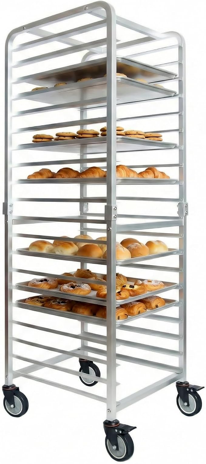 20-Tier Half &amp Full Sheet Bun Pan Rack - Bread Bakers Rack for Commercial Kitchen Rolling Baking Cart with Brake Wheels 26 L x 20.3 W x 68.3 H