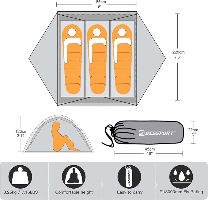Bessport Camping Tent for 3 Person and Bessport Tent Waterproof Camping Tarp with Drawstring Carrying Bag for Picnic Hiking and Other Outdoor Activities