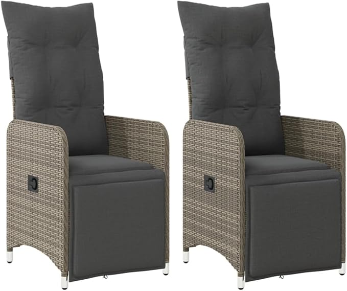 Grey PE Rattan Reclining Chair Set of 2 Steel Frame 21.5x23x36.2 Adjustable with Cushions Patio/Balcony/Poolside