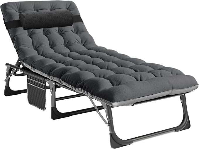 LILYPELLE Portable Folding Cot Bed Adjustable 5-Position Adults Reclining Chaise with Pillow Outdoor Portable Lounge Chair Sleeping Cot for Camping Pool Beach Patio