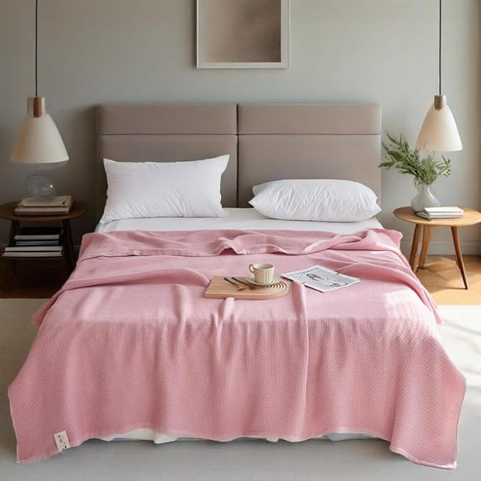 Bnitoam 100% Cotton Waffle Weave Blanket for Bed Couch Sofa 80x92 Ultra Soft Breathable Cooling Cellular Blanket for Adult Lightweight All Season Machine Washable (Pink 80x92)