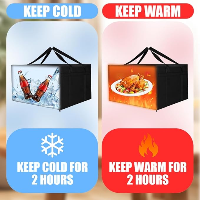 2 Pcs Black Insulated Pizza Delivery Bag 24x24x14 Inch Reusable Pizza Warmer Carrier for Food Delivery Professional &amp Personal Insulated Cooler Box with Secure Handles