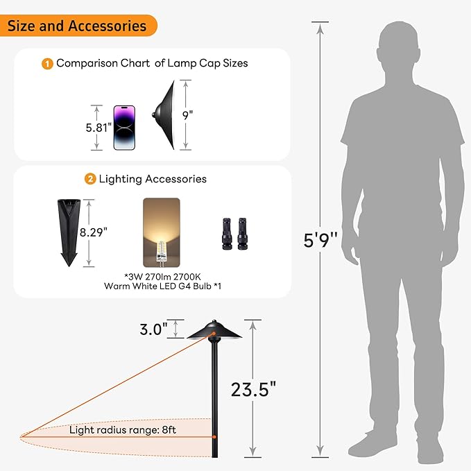 Gardenreet Brass Low Voltage Pathway Lights (9 Shade 23.5 Tall) - Black 12V Path Light Waterproof Wired Outdoor LED Landscape Area Lighting for Garden Walkway with 3W 270LM 2700K G4 Bulb (6 Pack)