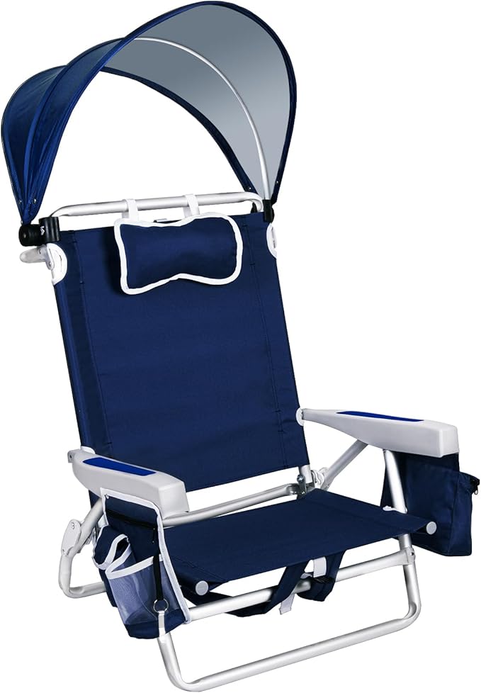 Romswi Beach Chair with Canopy Shade for Adults 1 Pack Aluminum Folding Chairs with Detachable &amp Adjustable Umbrella 5-Position Lay Flat Cooler Bag Cup &amp Phone Holder Towel Bar Navy Blue