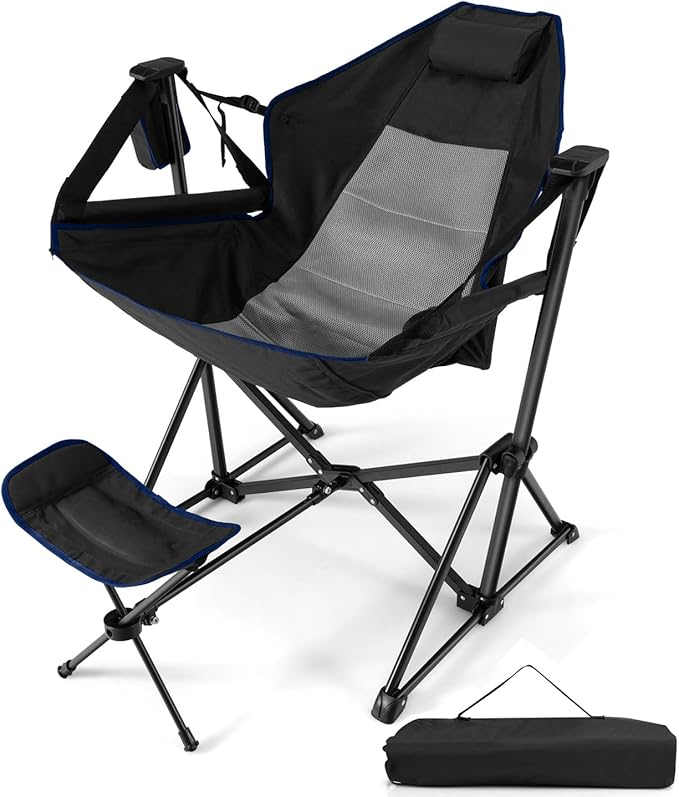 HAPPYGRILL Hammock Camping Chair Folding Camping Swinging Chair with Retractable Footrest Cozy Head Pillow Carrying Bag Portable Lightweight Rocking Chair for Camping Fishing Picnic
