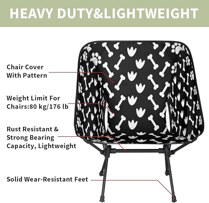 Black White Dog Paw Bone Camping Chair Lightweight Portable Chairs for Adults Easy Installation Outdoor Foldable Camping Chair for Camping Fishing Hiking Picnic Beach