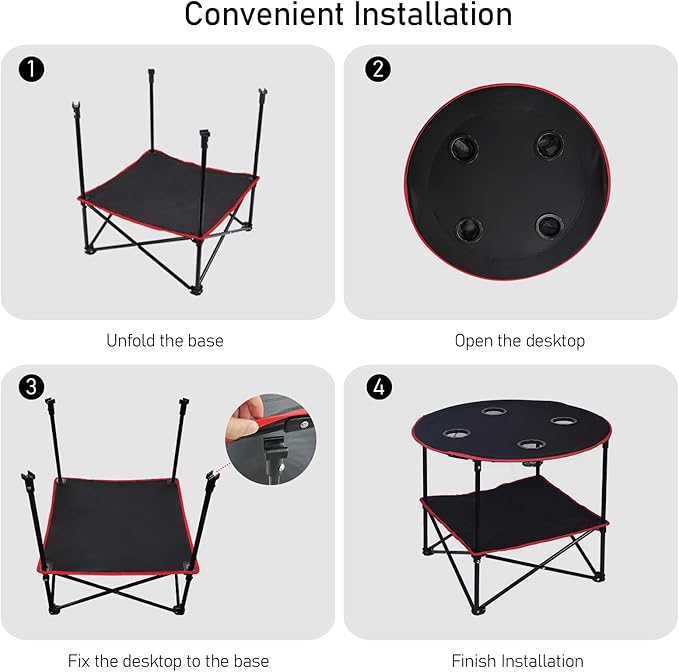 HiiPeak Camping Table Folding Picnic Table with 4 Cup Holders and Carrying Bag Portable Camp Table with Handle Design for BBQ Outdoor Fishing Beach Picnic Travel Camping Essentials Black Table