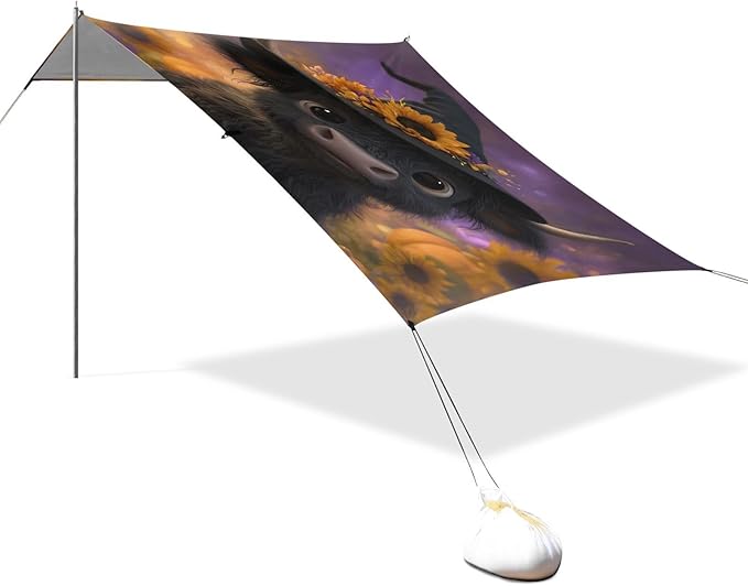 ALAZA Highland Cow Sunflower Halloween Beach Tent Sun Shelter UPF50+ Protection Beach Shade Canopy w/ 4 Sandbags for Outdoor Camping Fishing Backyard Fun Picnic 10x9 ft