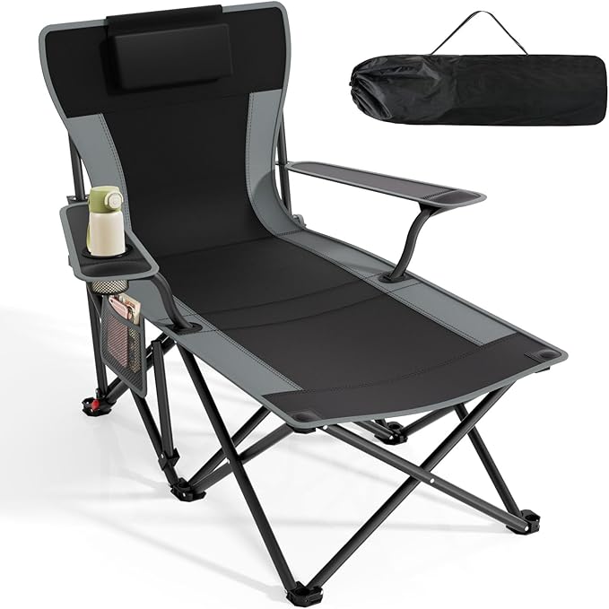 Suteck Camping Chair with Foot Rest Lightweight Foldable Beach Chairs Adjustable 90°- 140°Reclining Lounge Chair Heavy Duty Outdoor Chairs for Outside with Detachable Pillow &amp Carry Bag Black