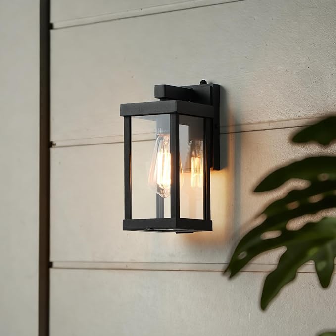 mirrea 11 Dusk to Dawn Classic Outdoor Wall Sconce 1 Light in Matte Black Rectangular Metal Frame and Clear Glass Shade Waterproof Porch Light Patio Light Pack of 2