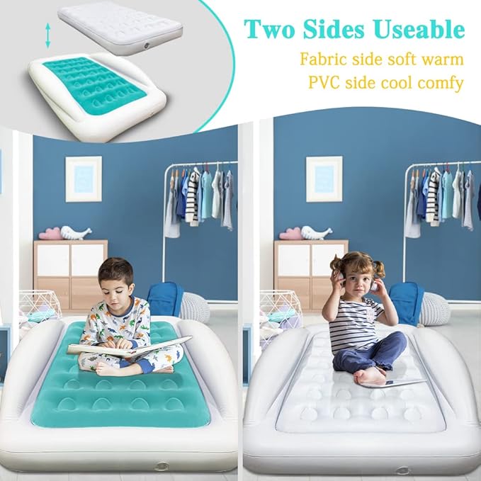 Inflatable Kids Travel Bed Toddler Air Mattress SetPortable Blow Up Mattress Sleeping Bed Cot with Bed Rails and Electric Pump Ideal for Road Trip