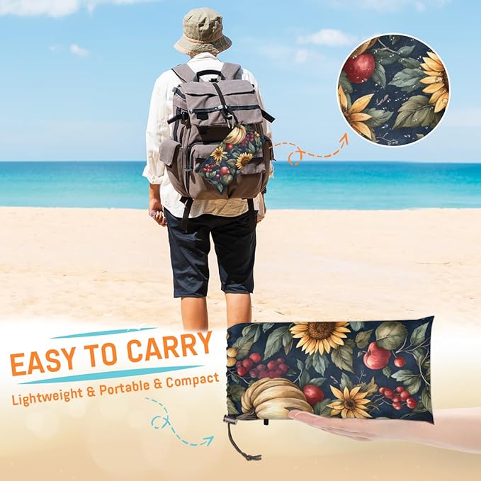 Waterproof Sandproof Beach Blanket 59''×68'' Sunflower Pumpkin Polyester Outdoor Picnic Blanket with 4 Stakes &amp Storage Bag for BeachCampingVacation Food
