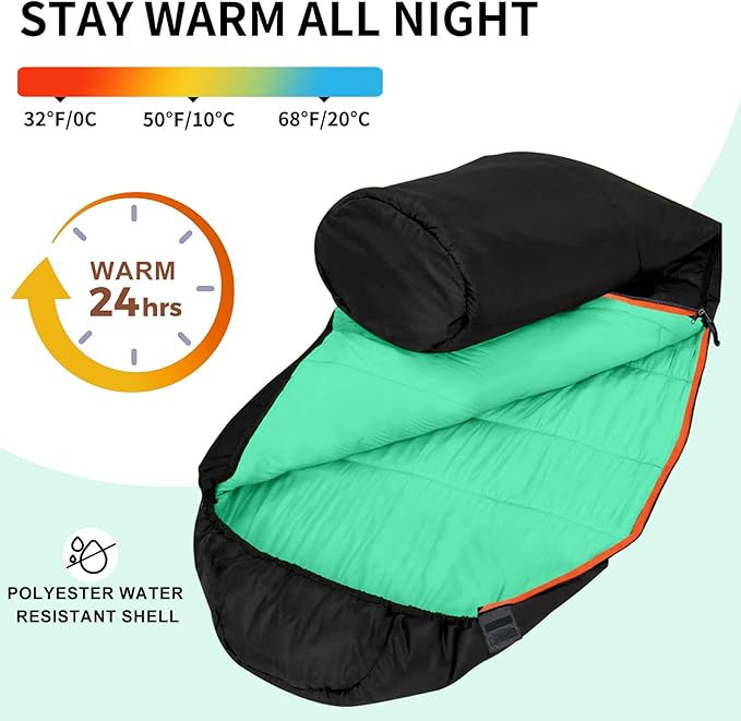KAMPKEEPER Mummy Sleeping Bag Cold Weather Camping Sleeping Bag 32℉ 3-4 Seasons Adults Sleeping Bag Non-Snag Zipper with Adjustable Hood for Backpacking Hiking