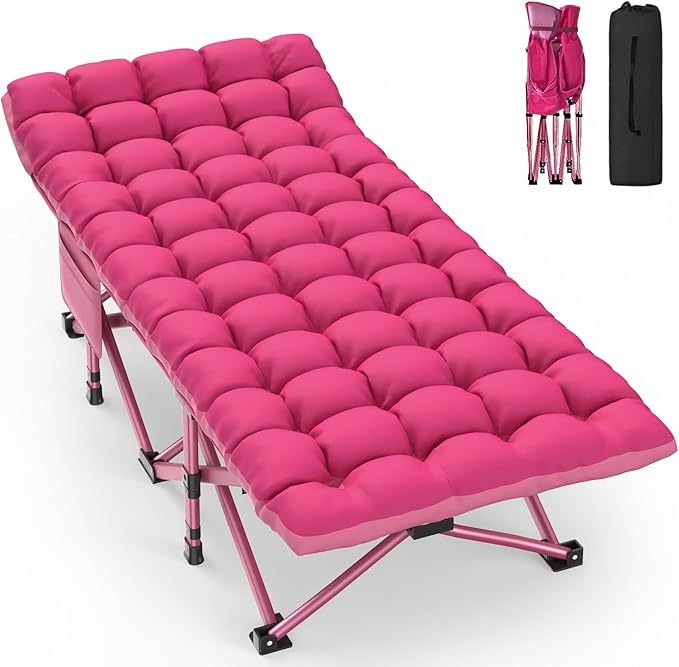 ZENPETIO Oversized XXL Folding Camping Cot Heavy Duty Sleeping Cot for Adults with Mattress and Pillow Portable Cot Bed with Carry Bag for Outdoor Camp Travel Home Guest Office Pink