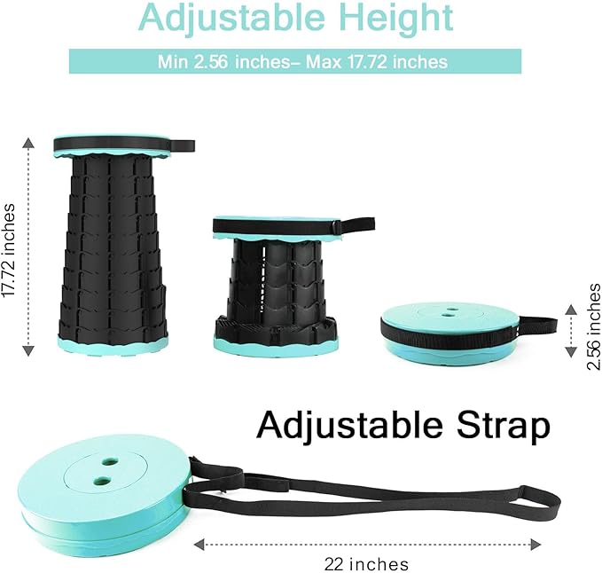 LB Portable Collapsible Retractable Folding Stool Lightweight Telescoping Foldable Camping Stool for Adults for Outdoor Fishing Hiking Gardening Travel BBQ Hunting Indoor Activities (Teal Black)