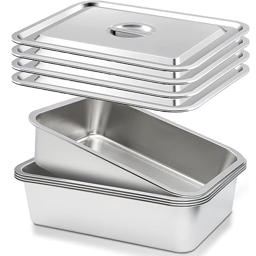 4 Packs Stainless Steel Commercial Bus Tub With Lid– 12L Heavy Duty Utility Tote Box for Dishwashing Meat Prep and Kitchen Storage – Large Capacity Restaurant Bus Box (With Lid)
