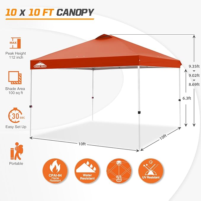 EAGLE PEAK Pop Up Canopy Tent with Wheeled Carry Bag 8 Stakes 4 Ropes 4 Weight Bags Easy Set Up Tent Canopy 10x10 ft 100sqft of Shade Brick Red