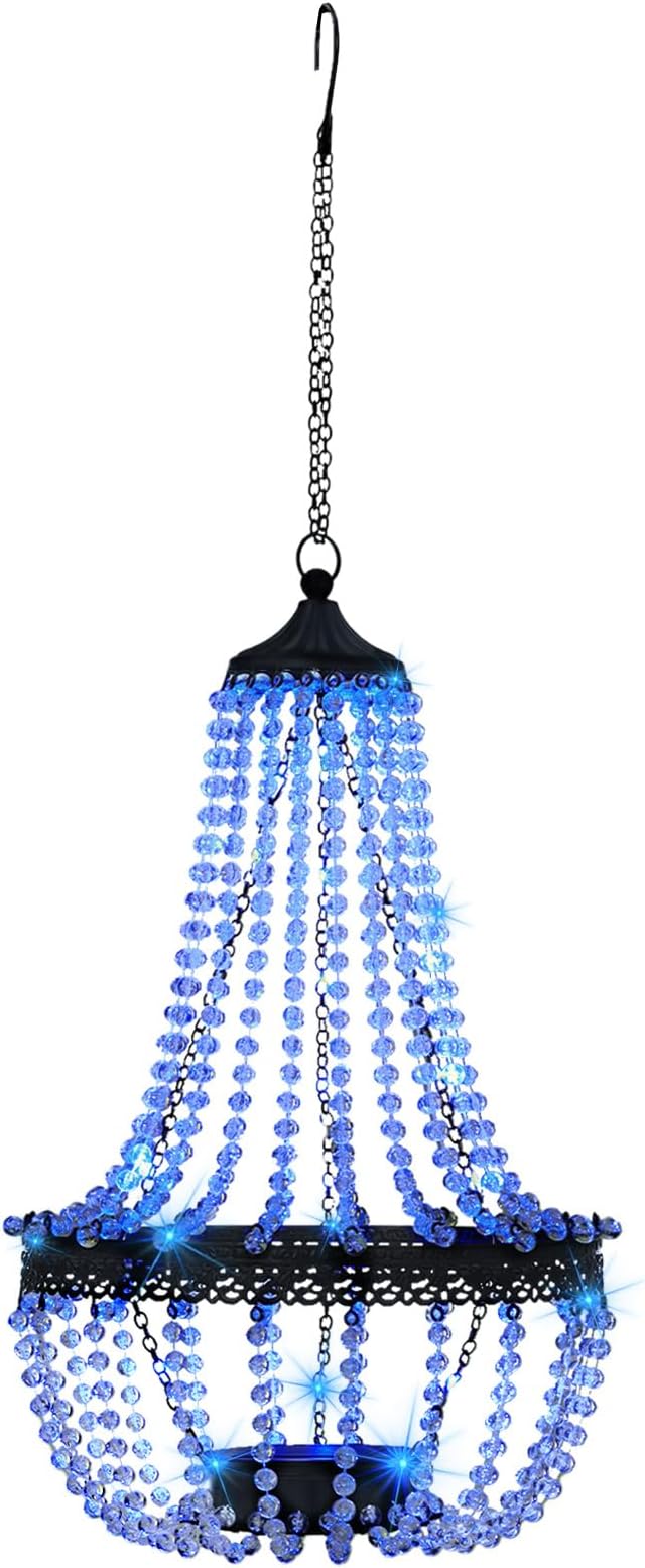 Hanging Solar Lantern Outdoor 28” Modern Clear Crystal Acrylic Chandelier with 30 Blue Lights S Hook for Garden Yard Patio Gazebo Decorations