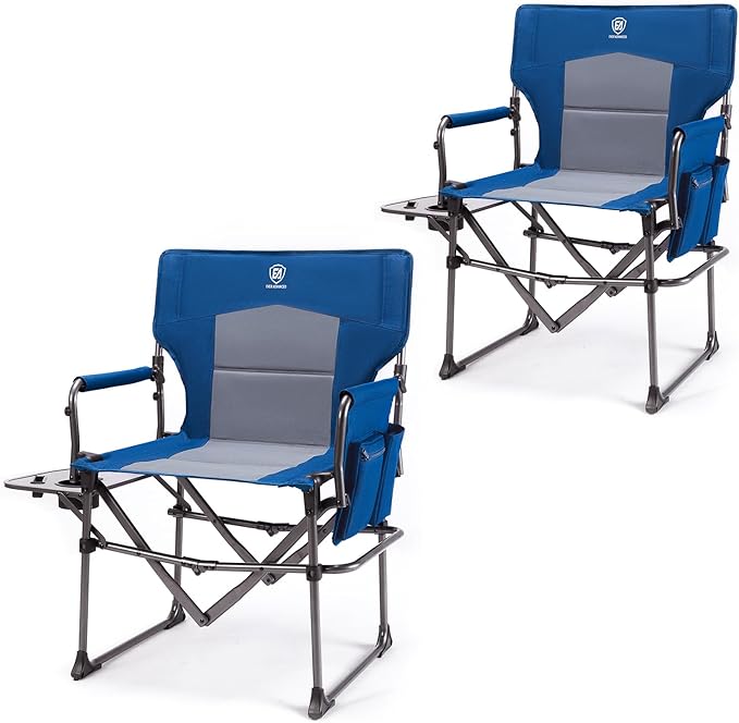 EVER ADVANCED Camping Directors' Chair with Side Table Portable Folding Chair with Compact Size Heavy Duty Lawn Chair with Pocket for Camping Lawn Sports and Fishing 400lbs Blue 2 Pack