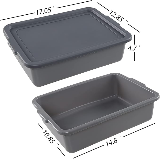 3-Pack 13 L Plastic Bus Tub Commercial Utility Bus Boxes with Lids Gray