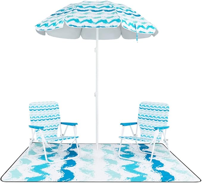 Portable 4 Pieces Beach Set with 6.2ft Sun-Proof Umbrella 2 Foldable Chairs and 80 x 80 Waterproof Blanket 30° Tilt System Umbrella with Sand Anchor &amp Carrying Bag for Picnic &amp Camping (Bl