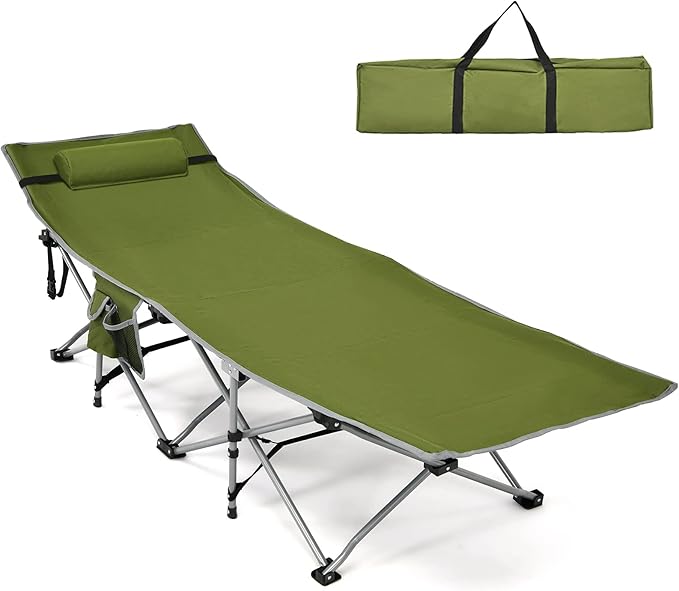 Goplus Folding Camping Cot Sleeping Cot for Adults with Carry Bag Weight Capacity Slanted Head Side Pocket Heavy Duty Portable Camping Bed for Kids Beach Office Snap (Army Green)