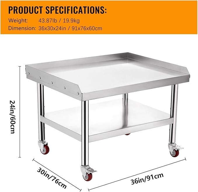 Equipment Grill Stand Table | Stainless Steel 36x30x24 | 1000 lbs Top Shelf 220 lbs Bottom Shelf | Adjustable Legs with 2 Edge Baffle | for Commercial Kitchens Hotels and Homes