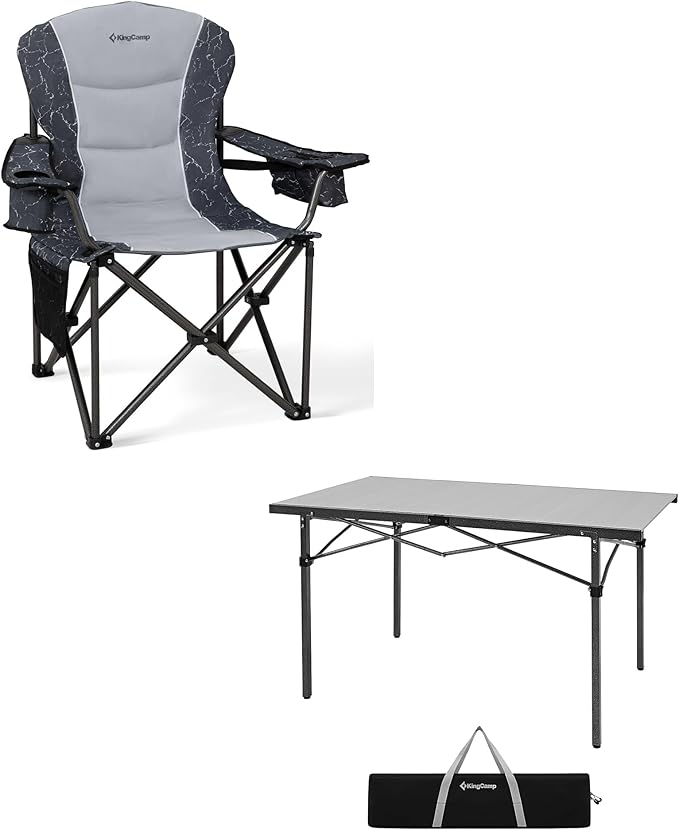 KingCamp Oversized Camping Folding Chair Heavy Duty 450 LBS with Folding Camping Table Aluminum Roll-Up Camp Table for 6-8 Person