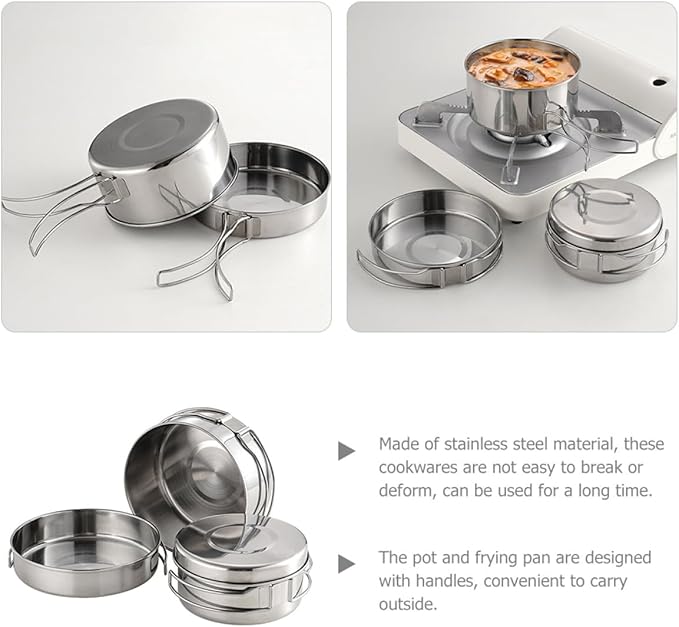 Stainless Steel Camping Cookware Set Portable 4pcs Pot Pan with Foldable Handles Easy-Clean Outdoor Cooking Utensils for Hiking and Backpacking