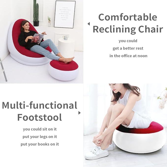 STARBRILLIANT Inflatable Living Room Furniture PVC Chair Indoor Foldable Deck Chaise Lounges with Air Pump Travel Camping Picnic Beach Chair(Red)