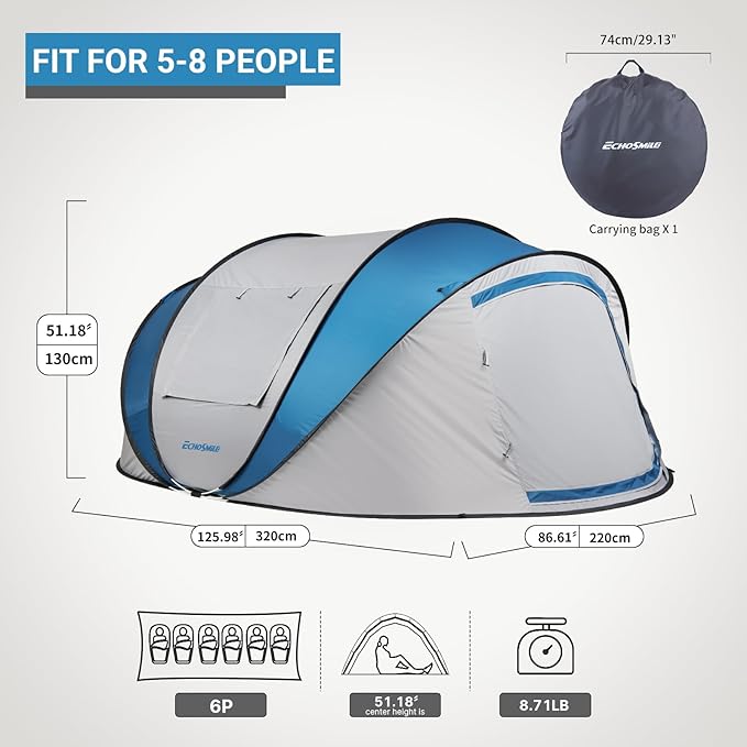 EchoSmile Instant Pop Up Camping Tent 2/4/6 Person Easy Setup Tent Water Resistant Dome Portable with Carry Bag