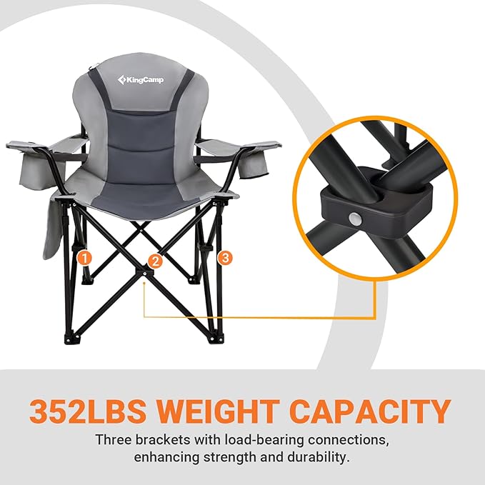 KingCamp Oversized Camping Folding Chair with Lumbar Support Heavy Duty Ergonomic Padded Arm Chair with Cooler Bag Cup Holder Portable for Outdoor