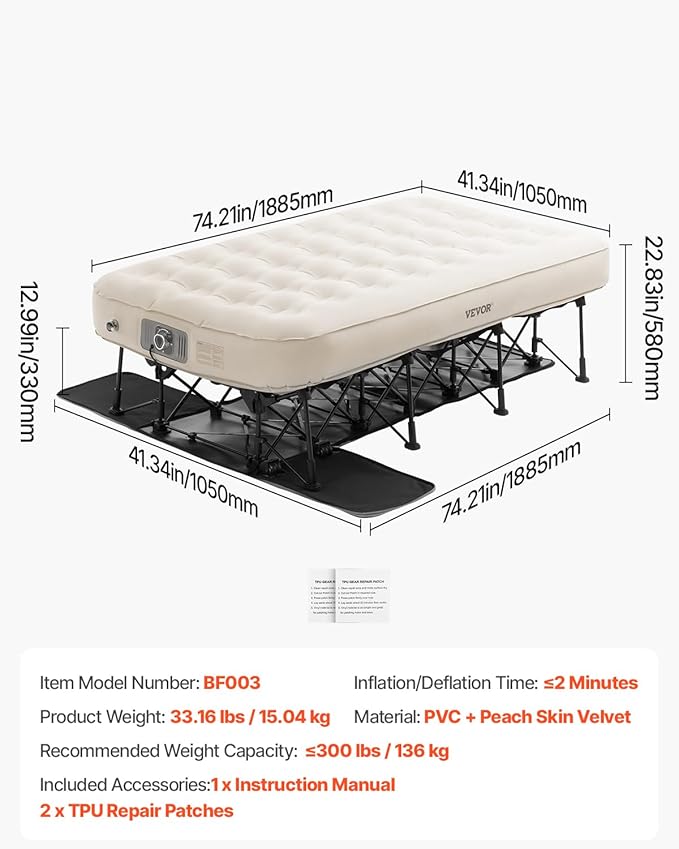 VEVOR Air Mattress with Frame Inflatable 1 Person Camping Cot with Built-in Pump Portable Folding Air Beds Supports 300 lbs Blow Up Bed for Guests Camping Travel Indoor &amp Outdoor Use