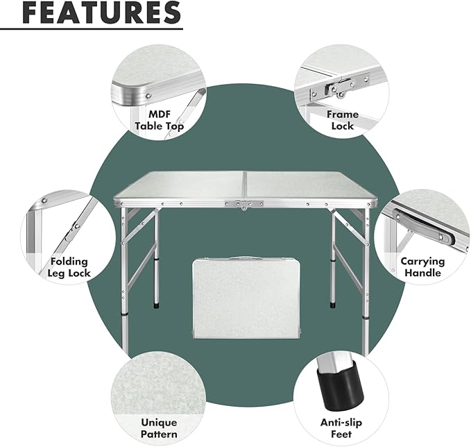 VILLEY Folding Camping Table 3ft Small Portable Lightweight Outdoor Table with Aluminum Adjustable Legs for Travel Picnic Cooking Beach