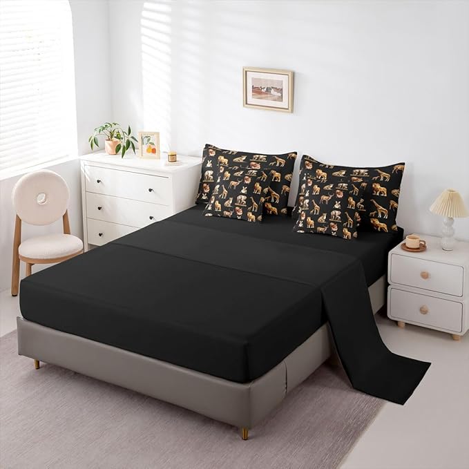 jejeloiu Zoo Animal 7 Piece Bedding Set for Girls Boys Kids Twin Size Cute Giraffe Bed in a Bag Room Decor Cartoon Animal Comforter Set with SheetsPillowcases &amp Cushion Cover Black Brown Microfib