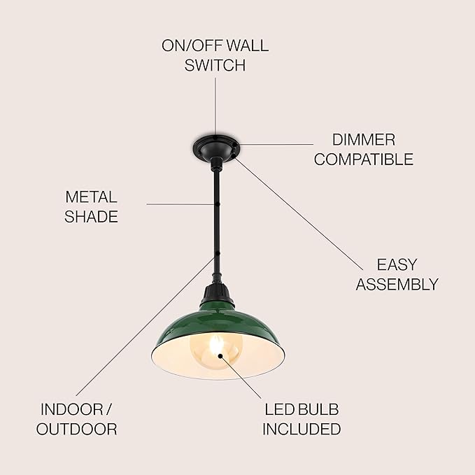 JONATHAN Y 12.25 Green/Black 1-Light Farmhouse Indoor/Outdoor LED Pendant Iron Hanging Light and Black Metal Shade Rustic Ceiling Lamp for Kitchen Island LED Bulb Included (JYL7611F)