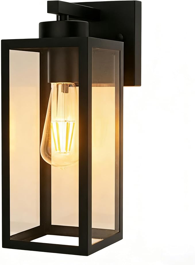 Outdoor Light Fixture 14IN Matte Black Front Porch Lamps with Glass Shades Exterior Waterproof Wall Mount Lantern with E26 Sockets Outside Lights for House Garage Doorway Patio Entryway