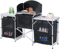 Aluminum Portable Camping Kitchen Fold Up Cooking Table with Windscreen and 3 Enclosed Cupboards for BBQ Party Picnics Backyards