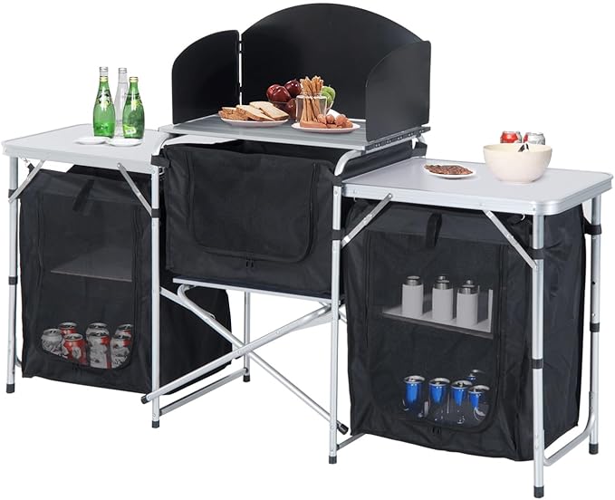 Aluminum Portable Camping Kitchen Fold Up Cooking Table with Windscreen and 3 Enclosed Cupboards for BBQ Party Picnics Backyards