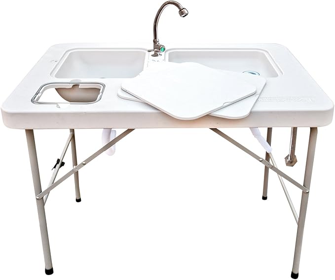 Coldcreek Outfitters Work Station Table Portable Foldable Dual Sink Rugged Outdoor Kitchen Accessory 40x26x33 inches Grey