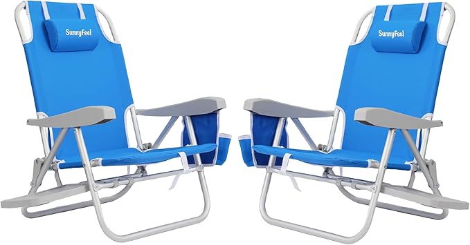 SUNNYFEEL Portable Beach Chair Lightweight Beach Chair for Adults Folding Camping Chair with Side Table &amp Organizer Bag 3 Position Adjustable Support 300lbs Heavy Duty Low Back Blue 2 Pack